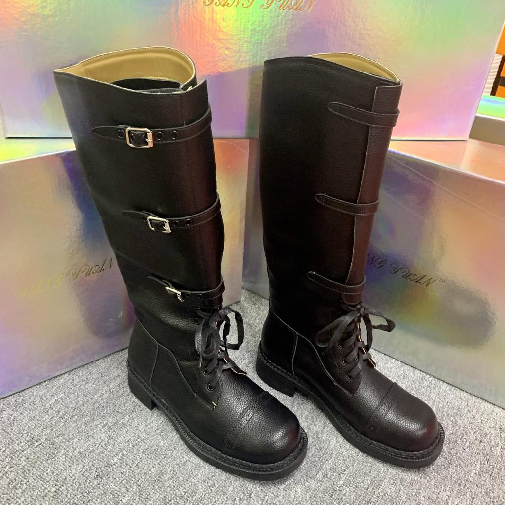 Spot Second Hair! Fashion Versatile New Retro Straps Velvet Tall Knight Boots Martin Boots Locomotive Boots