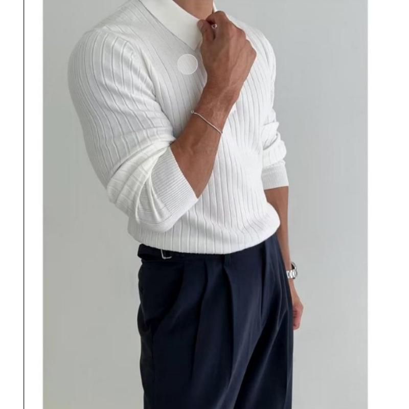 Spring Autumn Polo-neck Long Sleeve Knitting Pullover Top Male Casual Fashion Solid Bottomed Sweater Men
