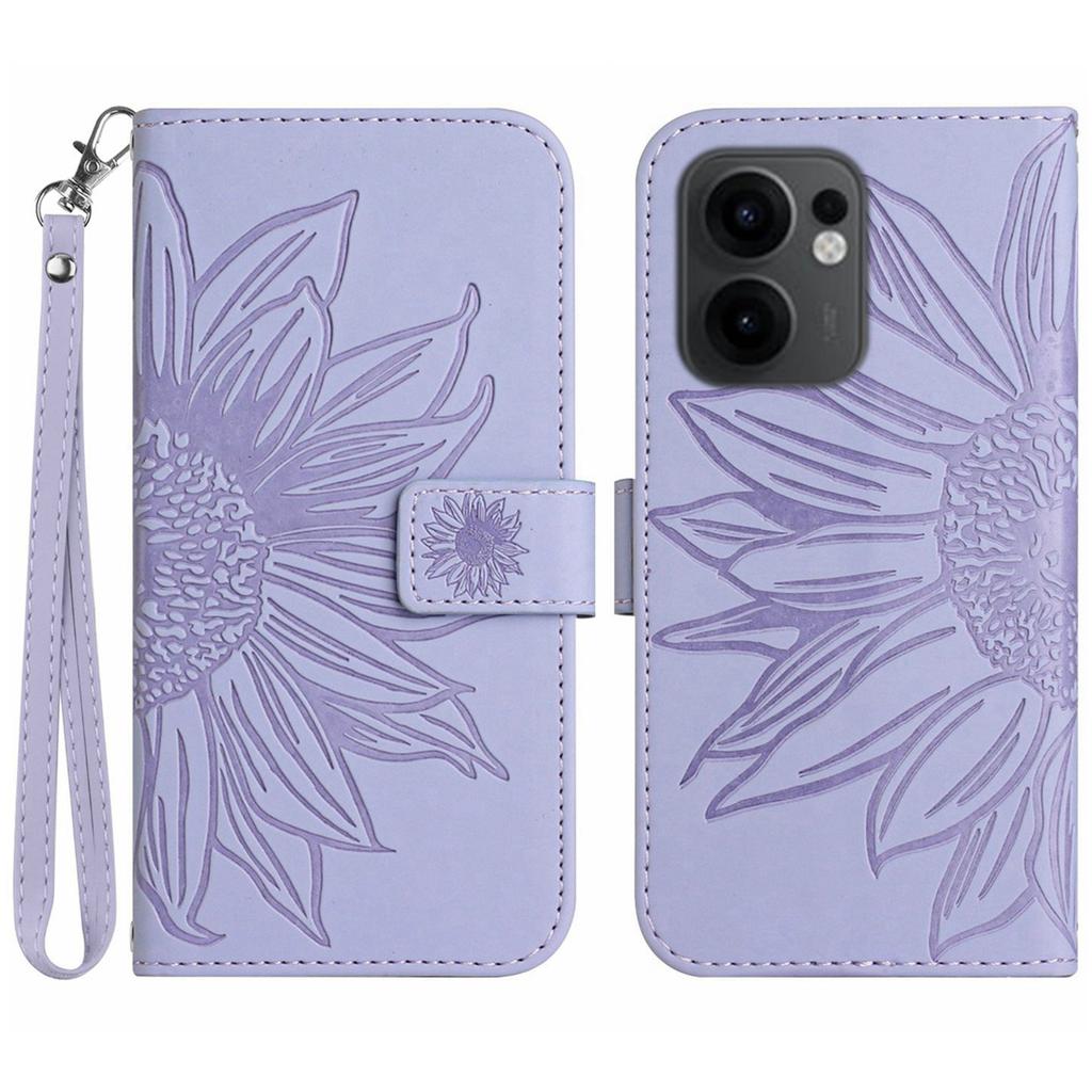 For Oppo Reno13 F 5G/4G Case Sunflower Imprint Leather Wallet Phone Cover with Wrist Strap