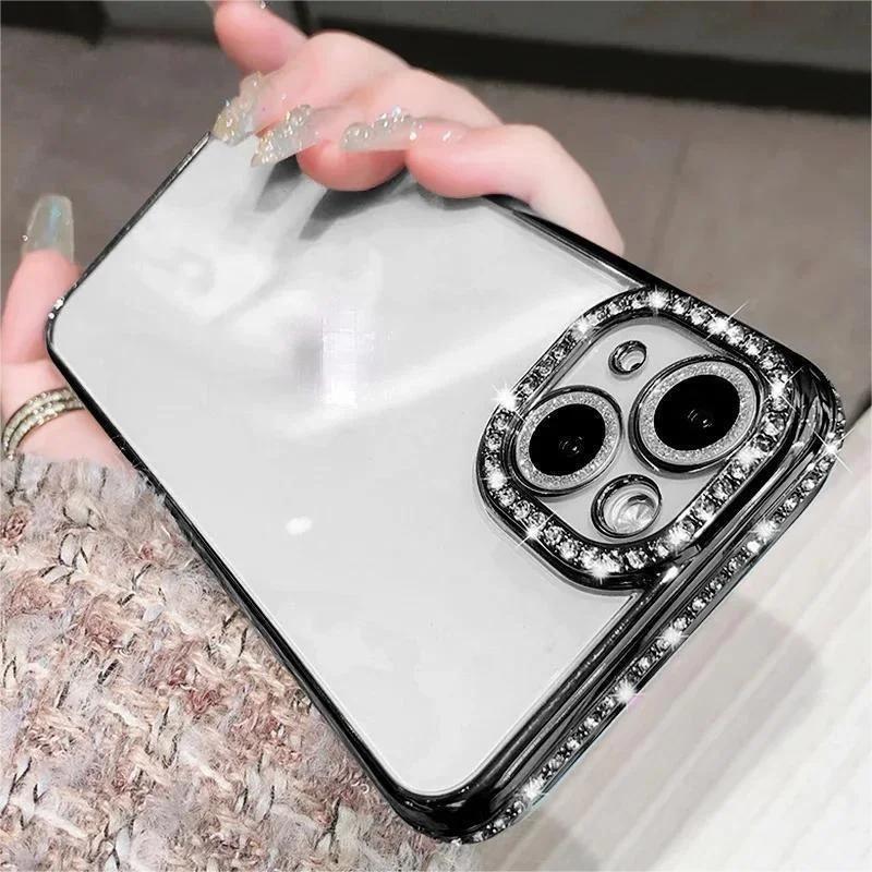 Luxury Plating Glitter Diamond Transparent Case For iPhone 16 15 16E 12 14 13 Pro Max Plus Female Soft Silicone Shockproof Cover