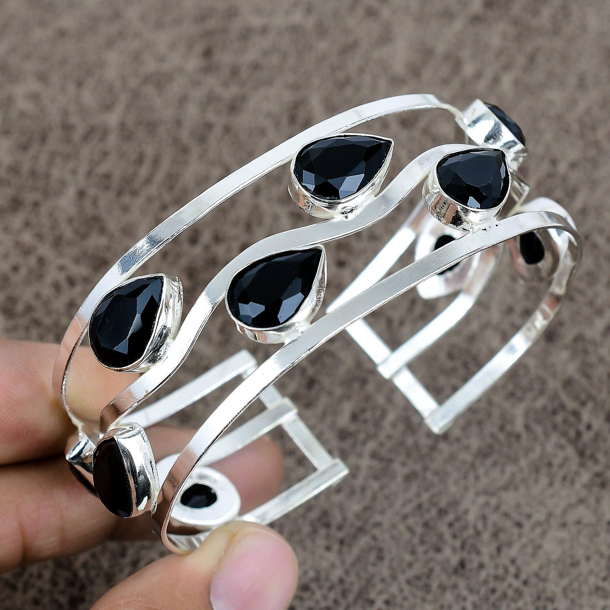 

Black Spinel Gemstone Handmade 925 Sterling Silver Cuff Bangle Adjustable KKG-203