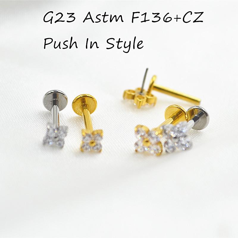Titanium G23 ASTM F136 Push-in Labret Stud with Inlaid Zircon for Ear Cartilage Piercing