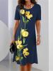 Vintage Floral Print Summer Dress for Women Long Sleeve Comfortable Knee Length Casual Dress with Pockets O Neck
