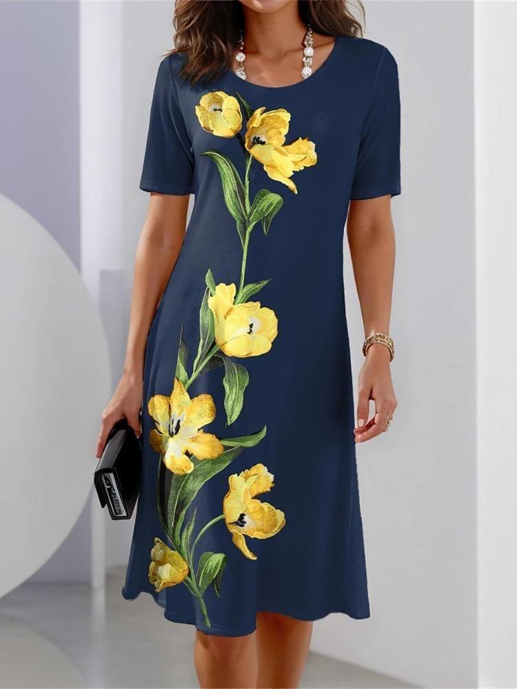 Vintage Floral Print Summer Dress for Women Long Sleeve Comfortable Knee Length Casual Dress with Pockets O Neck