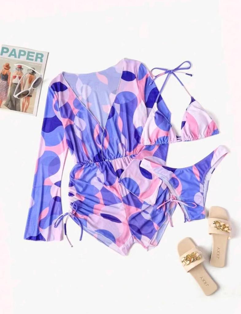 2025 Women's Cross-Border Long Sleeve Mesh Cover-Up Bikini Set: One-Piece Swimwear & Three-Piece Swimsuit.