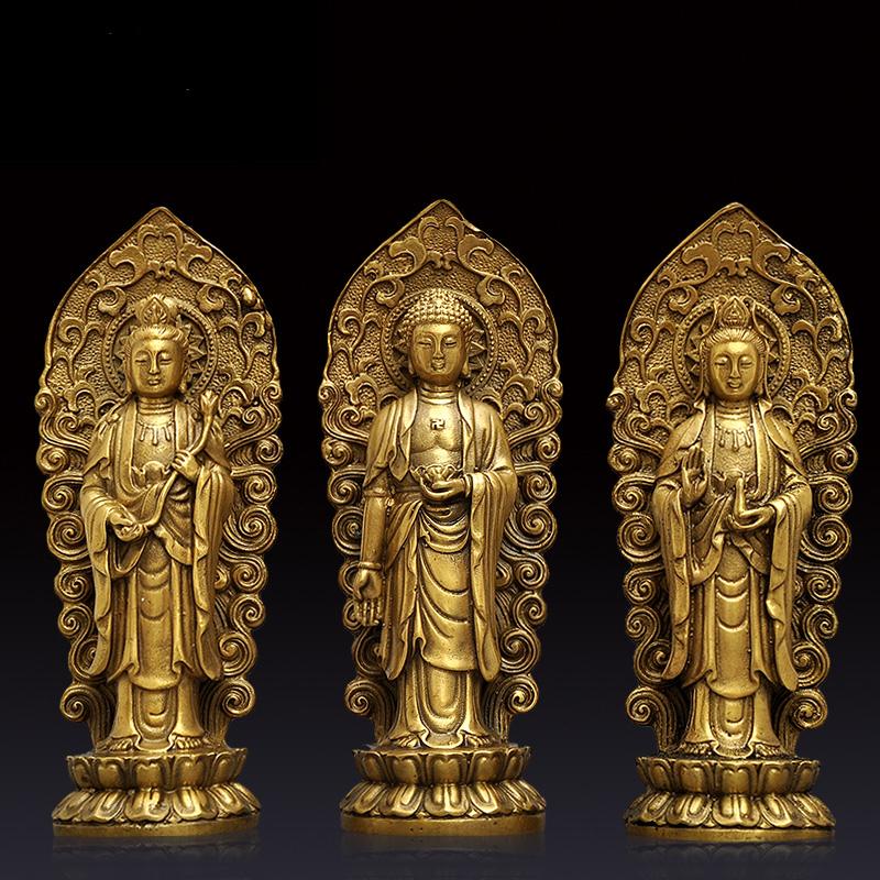 Three Saints Sculpture Metal Buddha Statue, Tibet Buddhist Temple, Home Furnishings  Ornament