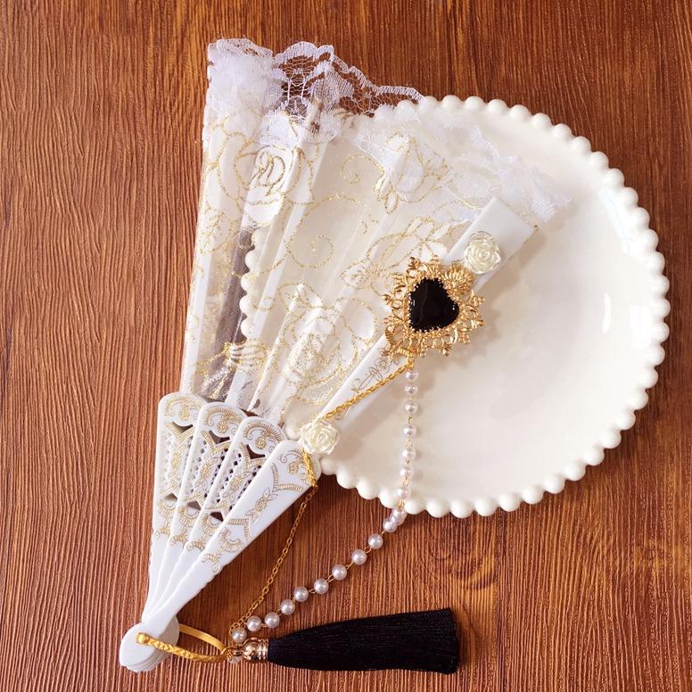 Faltbarer Weißer Spitzenfächer Handheld Lolita Cosplay Barock Rose Schwarz Faltbarer Vintage-Fächer für Party Hochzeit Tanz Dekoration