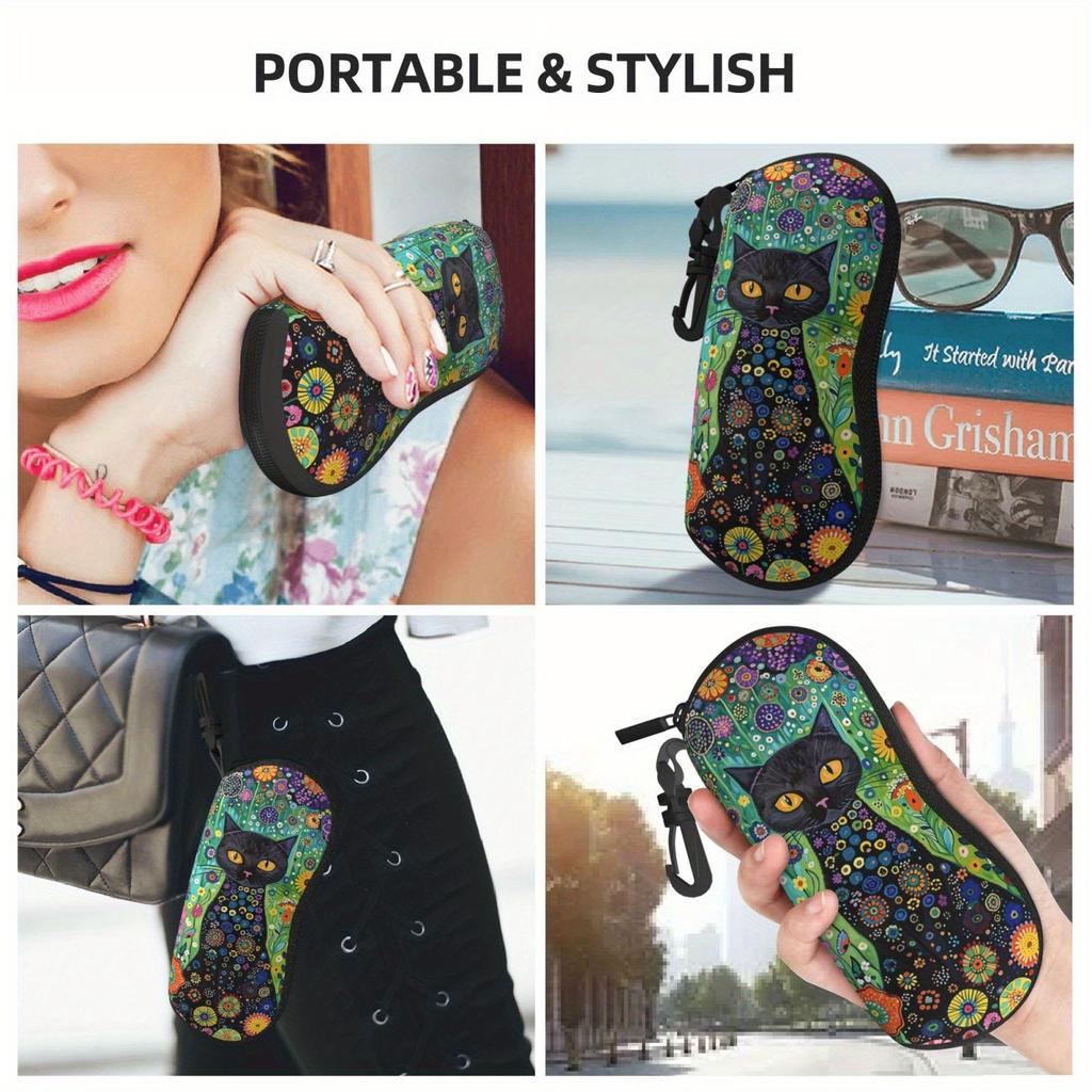 New Black Cat Art Eyewear Cases Men Women PU Leather Sunglasses Box with Zipper Portable Travel Eyeglass Storage Cases