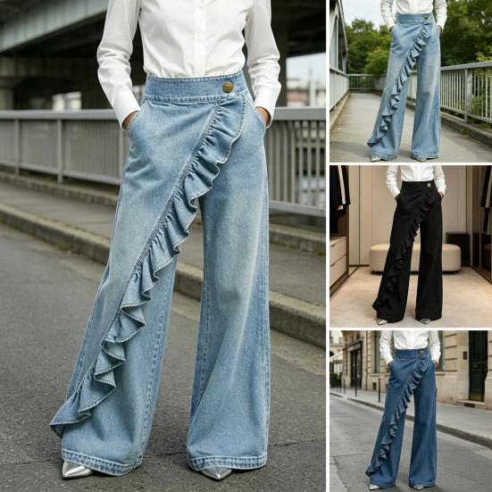Women Denim Trousers, Wide Leg Elastic Waist Casual Pants, Soft Comfortable Loose Fit Trousers for Daily Wear Street Party