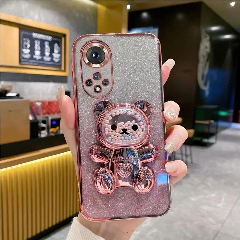 Honor90 Lite Cute Bear Holder Bracket Glitter Plating Case On for Huawei Honor 90 Lite 50 70 80 60 Pro Gt Se 90pro Stand Cover