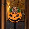 Outdoor Wall Art for Halloween Spooky Pumpkin Front Door Sign Round Decorative Wreath Hanger with Indoor Seasonal Decor Bow Wooden Hanging
