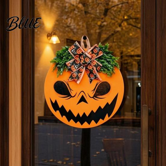 Outdoor Wall Art for Halloween Spooky Pumpkin Front Door Sign Round Decorative Wreath Hanger with Indoor Seasonal Decor Bow Wooden Hanging
