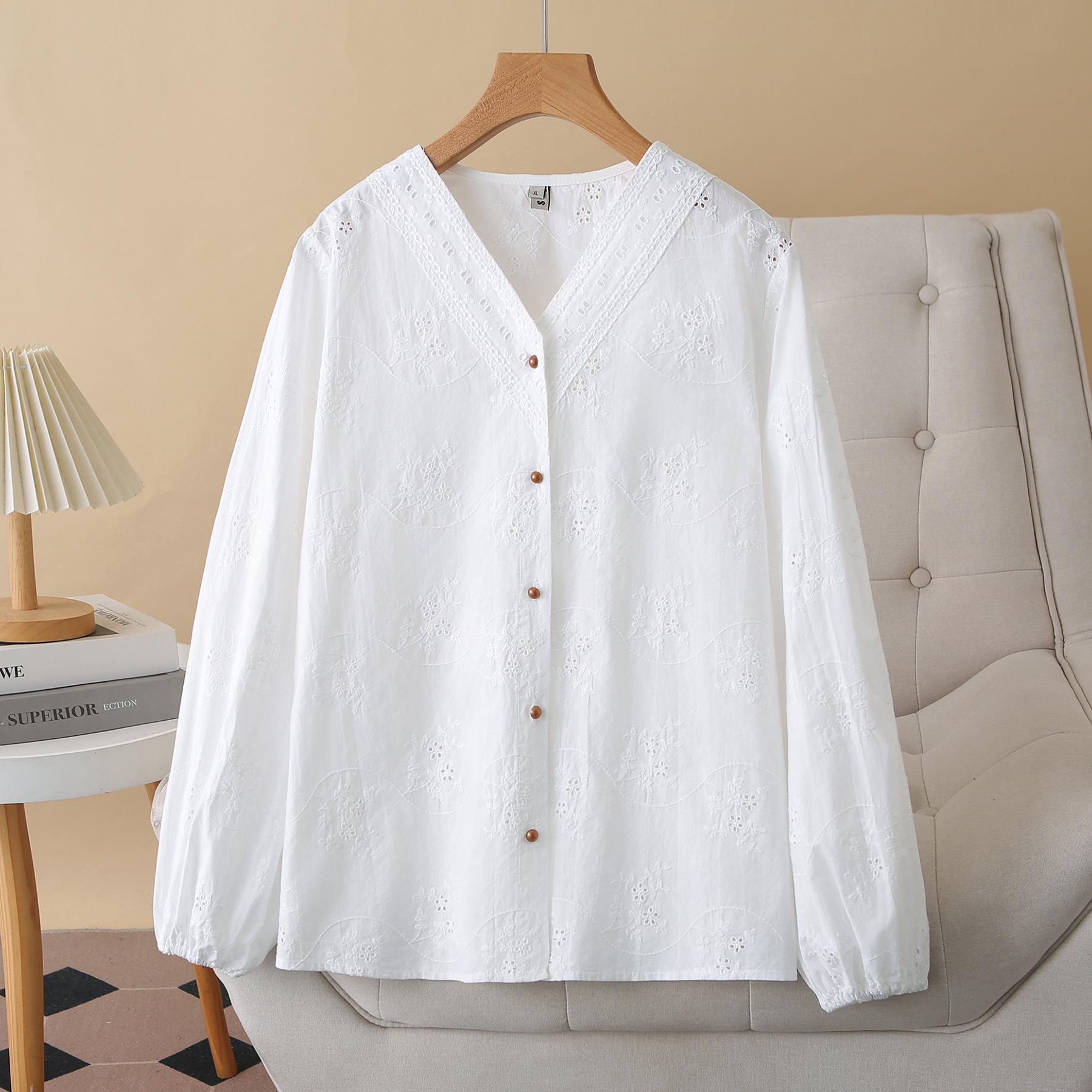 2026 Spring Women s Plus Size Cotton V-Neck Embroidered Long Sleeve Cardigan Shirt 2XL