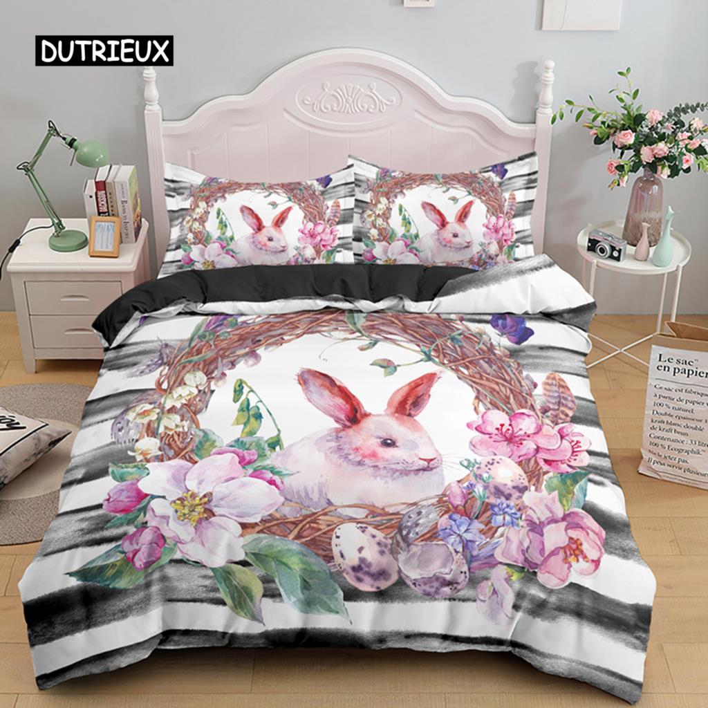 Frohe Ostern Ei Hase Königin Bettbezug Cartoon Lieblich Häschen Bettwäsche Set Haustier Tier Bettdecke Polyester Steppdeckenbezug