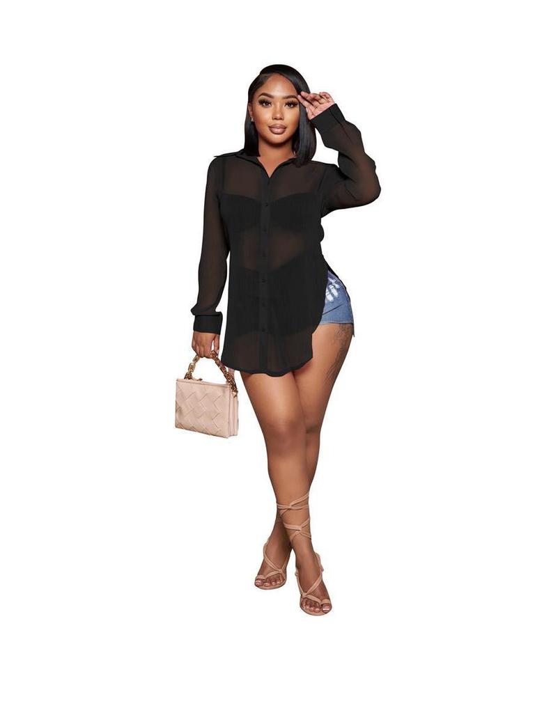 Women's Solid Color Sheer Chiffon Shirt - Sexy, Single-breasted, Long Sleeve, Loose Fit with Lapel and Split Design