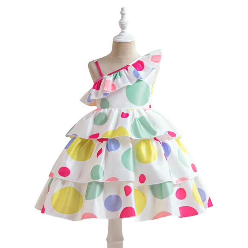 Girls Polka Dot Princess Dress Off Shoulder Formal Gown Kids 4-8 Years Festival Performance Wear