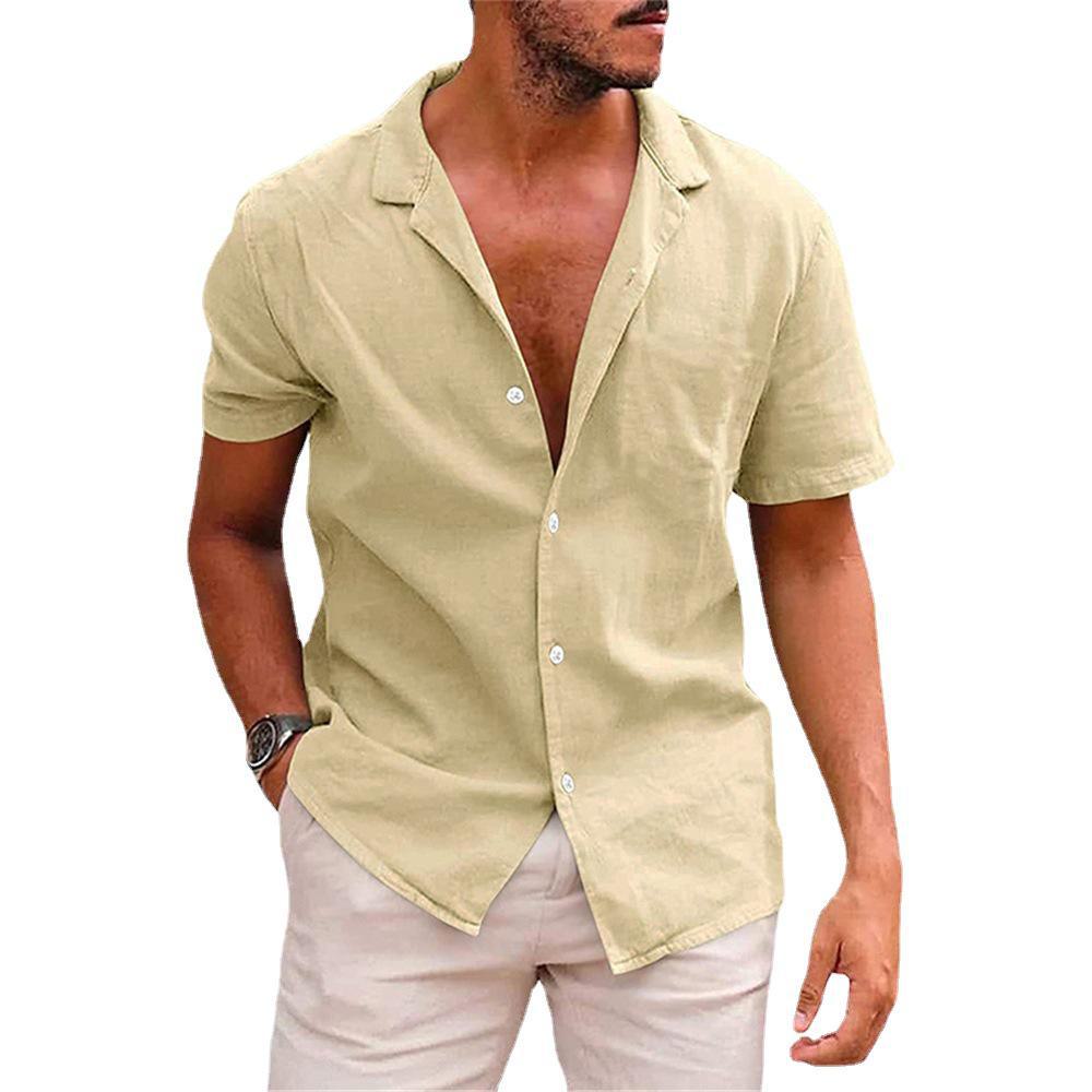 2026 Men's Casual Lapel Short-Sleeve Solid Color Cotton and Linen Shirt - European and American Style