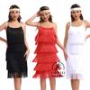Women's Square Neck Sleeveless Midi Dress Straight Fit Mid Waist Vintage Solid Layered Fringe Flapper Dance Party Dress