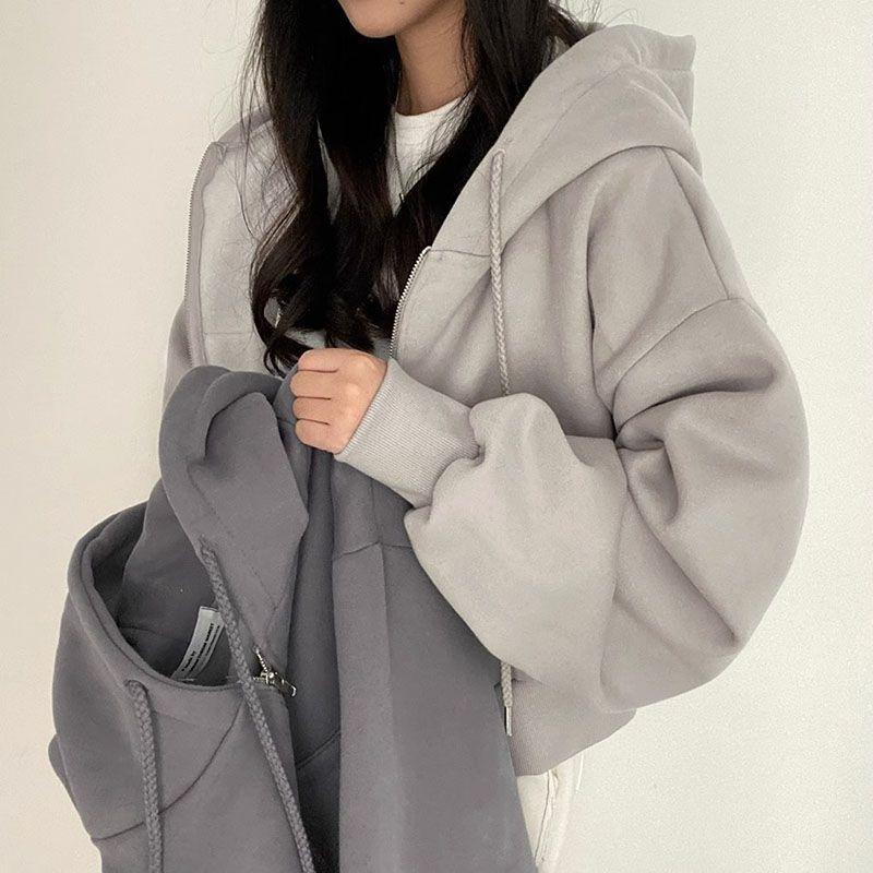Dames Casual Hoodies Herfst Retro Effen Kleur Rits Oversized Sweatshirts Harajuku Lange Mouw Capuchon Losse Korte Jassen Jas