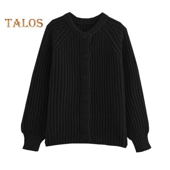 Women Sweater Coat Round Neck Long Sleeve Solid Color Button Down Cardigan Sweater Thick Warm Knit Outwear