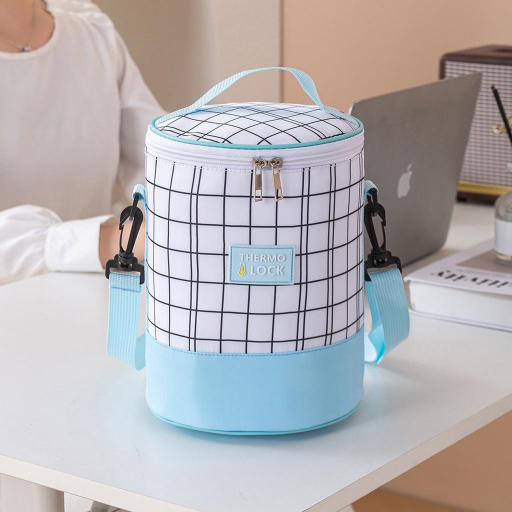 Simple Cylindrical Heat Preservation Bento Bag With Grid Design And Letter Print