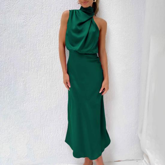 Damen Neckholder, ärmelloses Kleid, schulterfrei, Taille, eng anliegend, hüftumwickelt, lockerer Saum, glatter Satin, Party-Midikleid