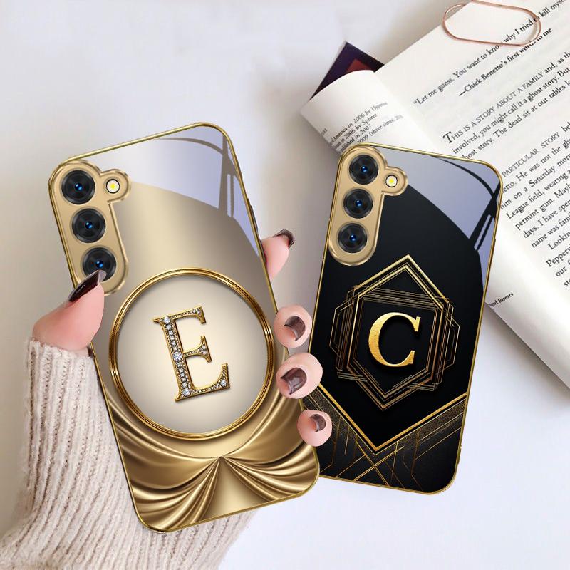 Gorgeous letter gold "R" For Samsung Galaxy S26 S20 FE S21 S22 S23 Plus S24 Ultra S25Ultra S21+  S22Plus Golden glass phone case