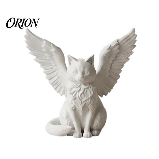 Desktop Commemorative Gift Angel Cat Desk Ornament, Matte White 3D Printing Figurine, Minimalist Statues Winged Sculpture for Home Office Shelf