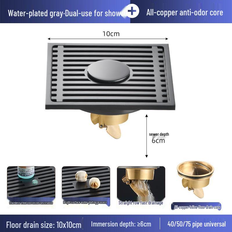 Gunmetal Gray 304 Stainless Steel Odor-Resistant Floor Drain with Copper Core for Shower & Washing Machine.