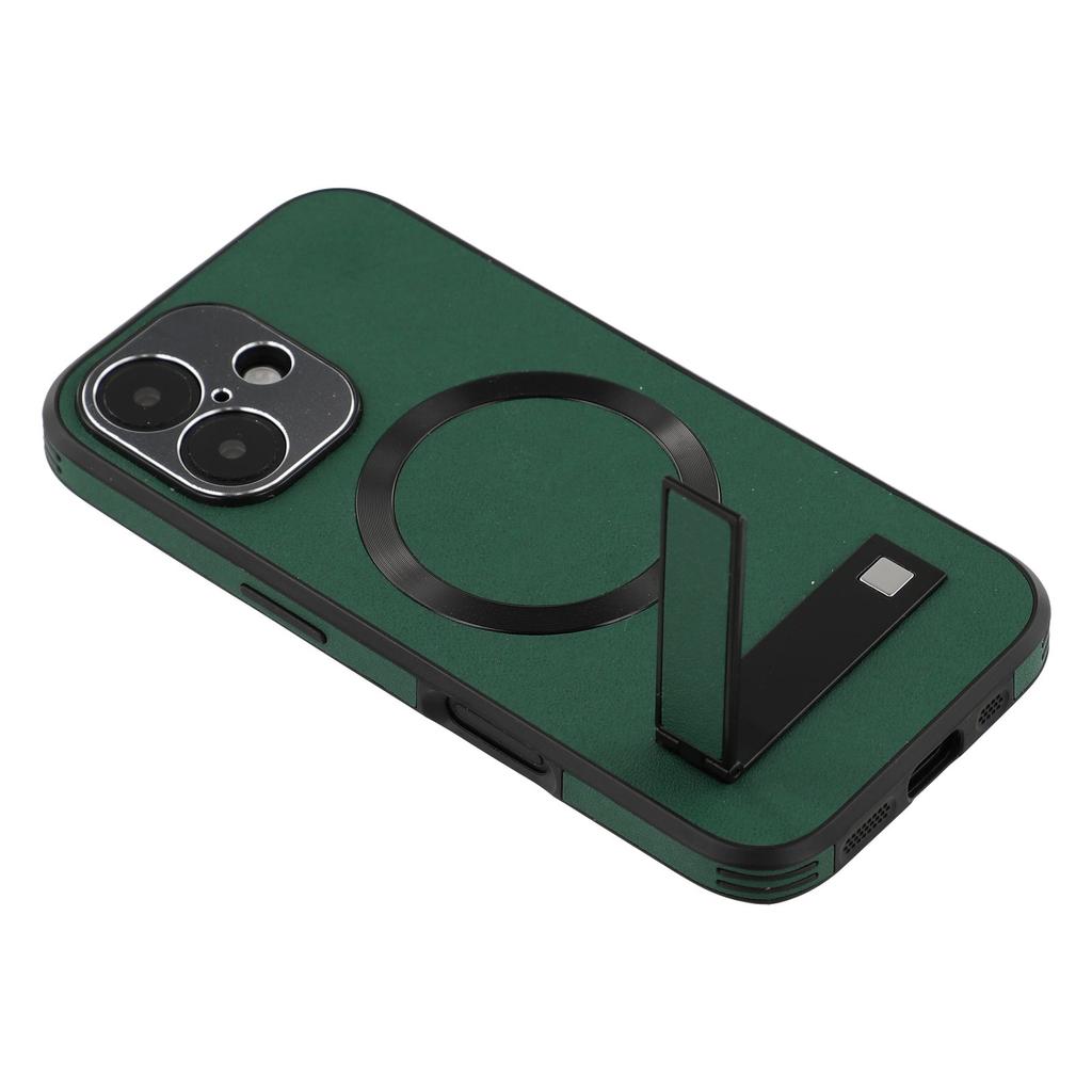 For iPhone 16 Kickstand Case Compatible with MagSafe PC+TPU+PU Phone Back Cover