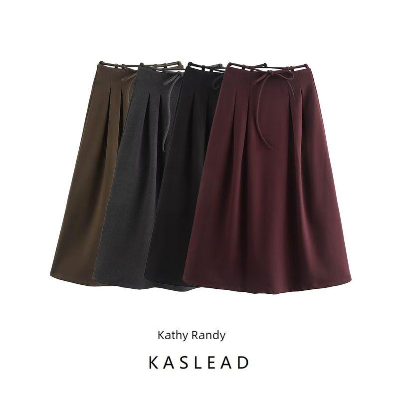 Kaslead New Arrival Women's Fashion Style Fashion Herringbone round Belt Big Hem Skirt Long Dress