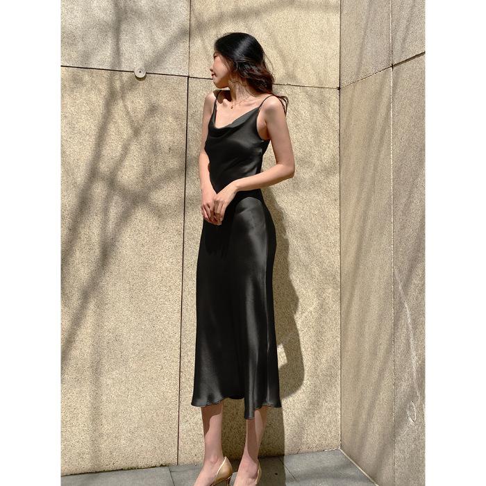 French acetate silk satin swing neck suspender dress summer drape waist hip skirt celebrity fishtail dress