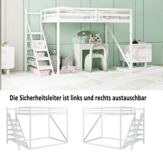 Children Bed Loft Bed 140x200cm with Security Manager, Solid Wood Bunk Bed with Slatted Frame Suitable for Children, Young People and Adults, White