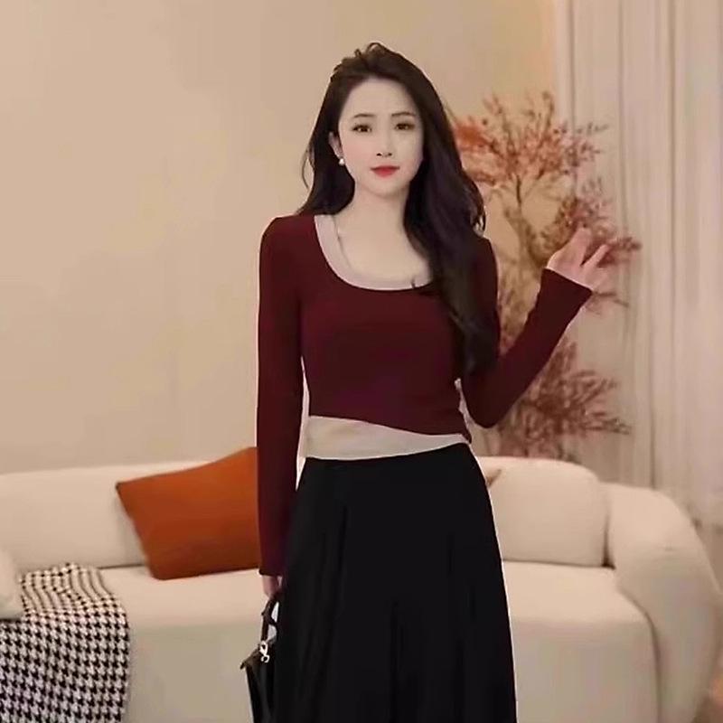 

Women s Retro Wine Red U-Neck Long-Sleeve Slim-Fit Layered T-Shirt S вина червоного кольору