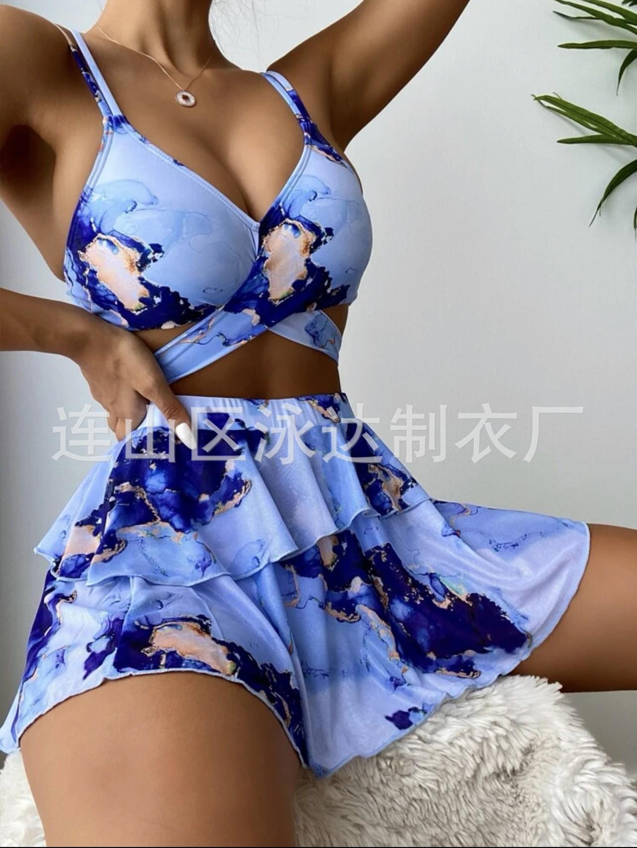 New marble print three-piece sexy bikini swimsuit beach dress S