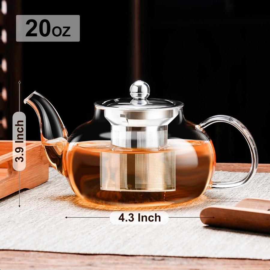 Glass Teapot Stovetop 20 OZ 600ml Tea Pot with Removable 18 8 Stainless Steel Infuser Borosilicate Clear Tea Kettle Teapot Bloo