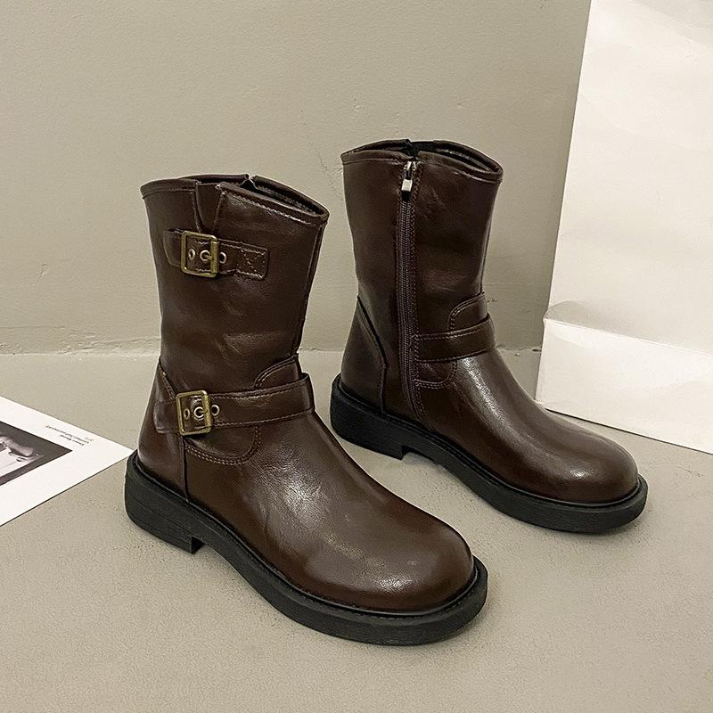 

British style belt buckle Martin boots women s 2025 summer new versatile flat bottom round head black short boots 40 коричневый