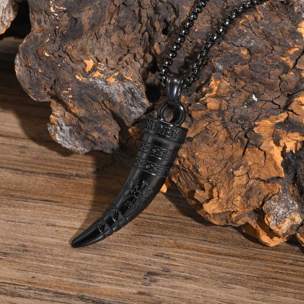 Cool Punk Viking Horn Necklaces for Men, Waterproof Stainless Steel Norse Celtic Knots Compass Pendant Collar, Amulet Gifts