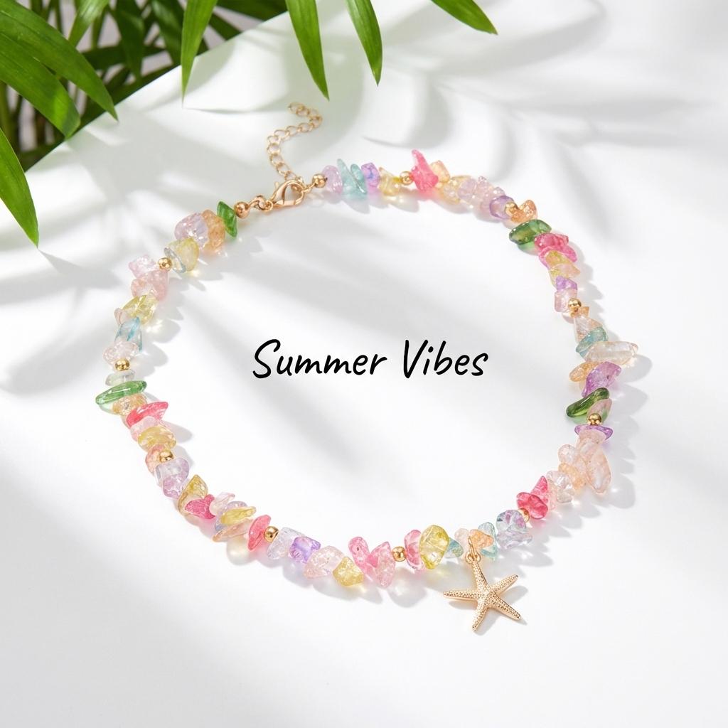 Bohemian Colorful Natural Crushed Stone Choker for Women Creative Crystal Beaded Starfish Pendant Necklace Beach Jewelry Gift