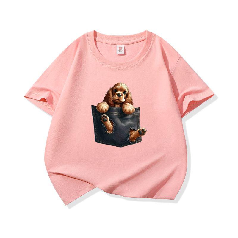 Kids Cotton T Shirt Charming Pocket Cocker Spaniel Dog Print Crew Neck Short Sleeve Tee Casual Breathable Boys Girls Summer Tops