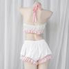 Halter Ruffles Women Kawaii Maid Outfit Sweet Sexy Sleepwear Lovely Cosplay Costumes Bandage Bow Lace Tops and Bloomers Set