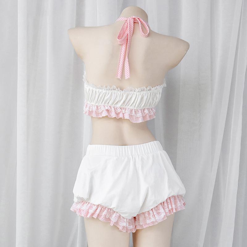 Halter Ruffles Women Kawaii Maid Outfit Sweet Sexy Sleepwear Lovely Cosplay Costumes Bandage Bow Lace Tops and Bloomers Set