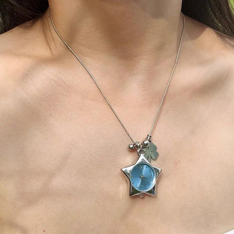 Y2K Retro Star Watch Four-Leaf Heart Pendant Necklace For Women Original Design Creative Clavicle Chain