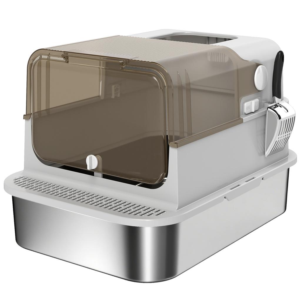 XXL Stainless Steel Cat Litter Tray, Enclosed Cat Litter Box with 90 degrees Flip Cover, Double Doors, Scoop, Easy Clean, Grey