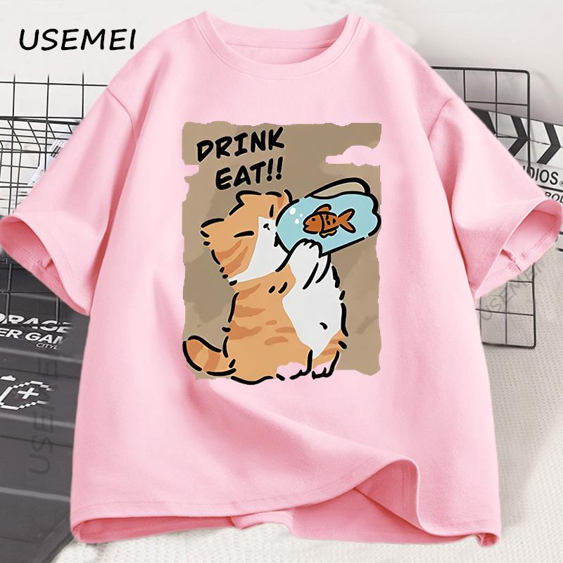 

Смешная футболка с котом, едящим рыбу, трендовая футболка из хлопка с принтом, с круглым вырезом, мужская и женская, одинаковая, свободная, повседневная, с коротким рукавом XL