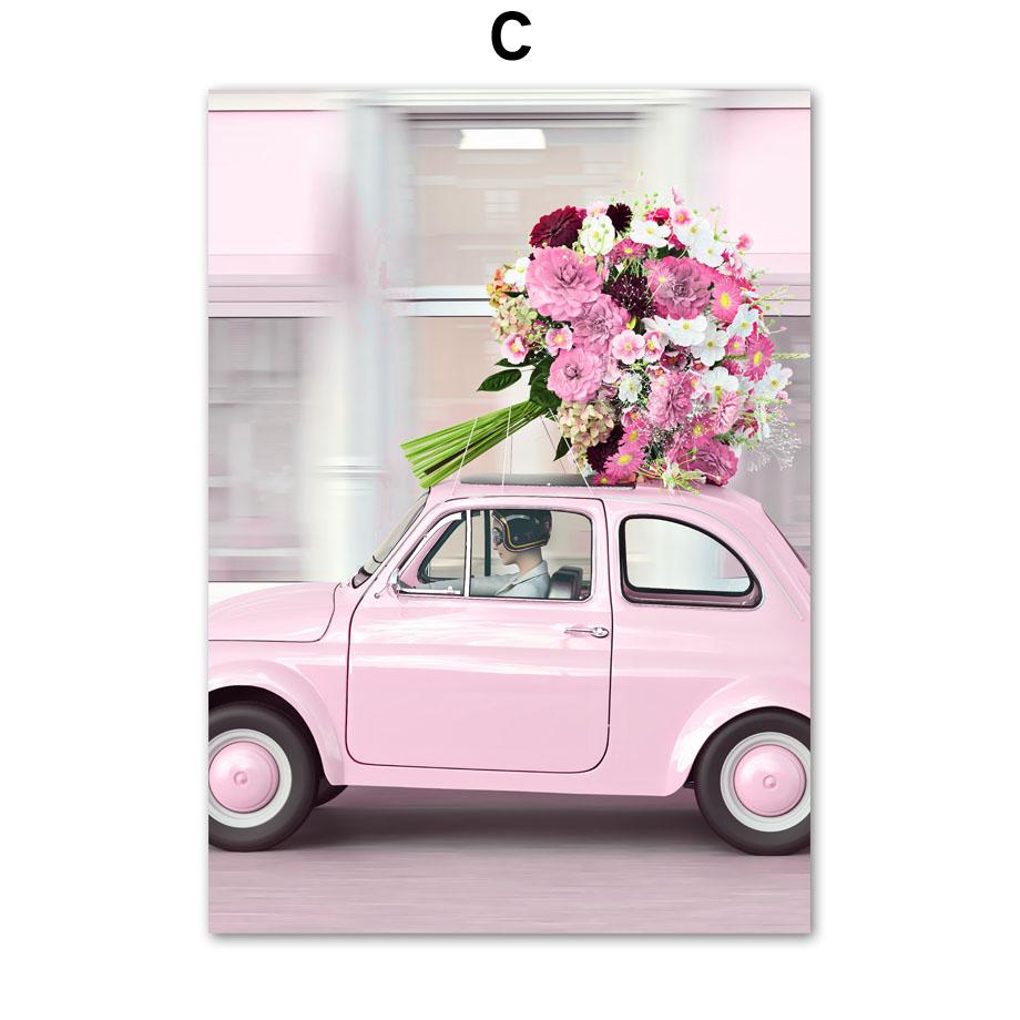 Spring Pink Rose Peony Sakura Dandelion Orchid Sparrow Car Garden Posters Flower Wall Art Canvas Painting Home Room Decor