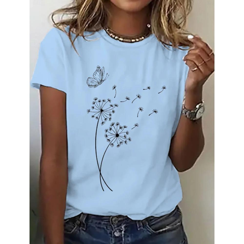 Fashion Women Retro Creative Butterfly Dandelion Print T Shirt Funny Casual O-neck Short Sleeves T-shirt Summer Female Tee Shirt