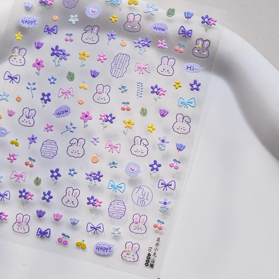 1pcs Cute Graffiti Lines Nail Art Stickers 5D Embossed Butterfly Rabbit Nail Art Accessory Stickers Self Adhesive Decal