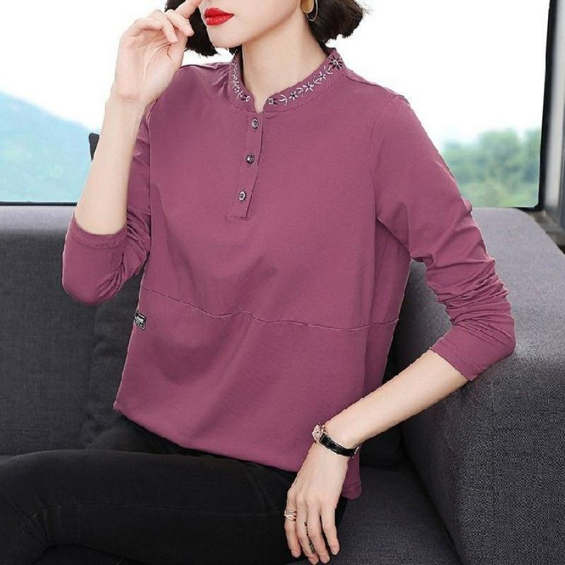 Spring and Autumn Long-sleeved T-shirt Women's All-match Round Neck Embroidered Mother Fashion Temperament Western Style Blouse Bottoming Shirt