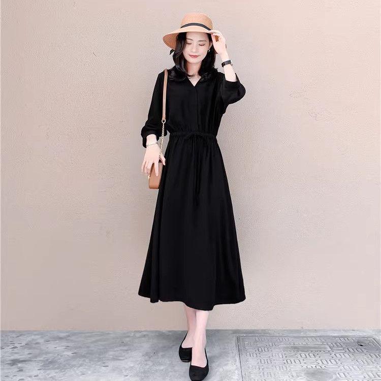

Women s Black Chiffon V-Neck Dress - Autumn 2026 French Style, Three-Quarter Sleeve, Waist-Cinched, Slimming, Long Skirt 2XL чорний